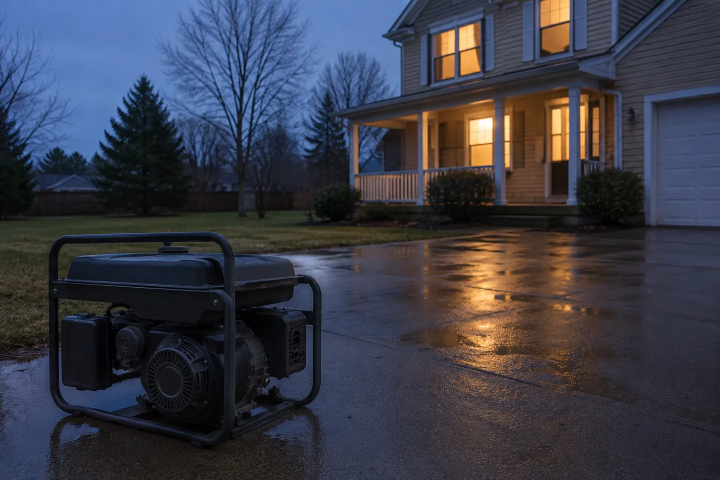 A portable generator running on a driveway well away from a lit house at dusk