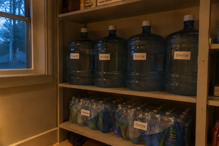 Food-grade water containers labeled with fill dates on a pantry shelf